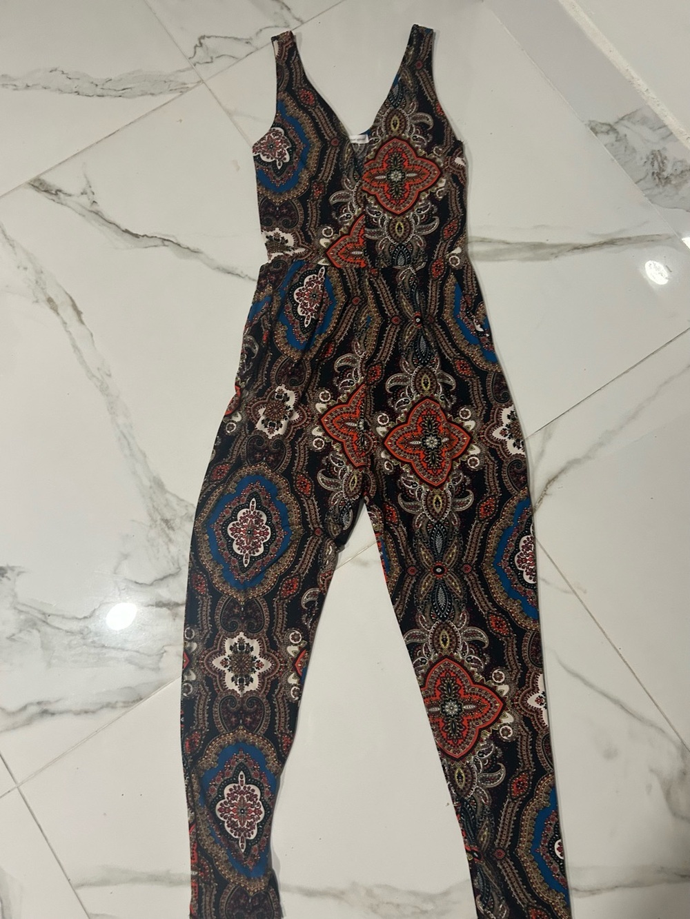 Ambiance Brown Paisley V-Neck Jumpsuit Multicolored Accents Sleeveless Pockets